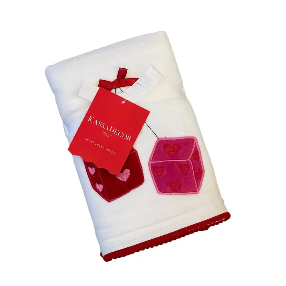 Kassadecor Heart Dice Valentine Cotton Hand Towels 18x28 Set of 2 Pink Red NEW